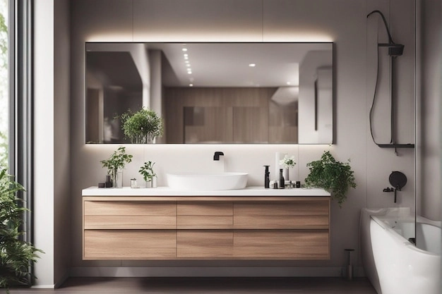 luxurious bathroom with white sink, mirror and plant decorations -bathroom mirror cabinet