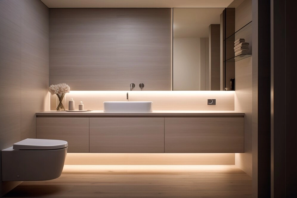 Luxurious bathroom with lighting, toilet and skink -bathroom wall cabinet