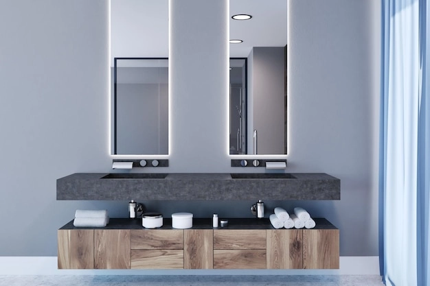 Luxurious grey wall bathroom with sink and mirrors -bathroom wall cabinet