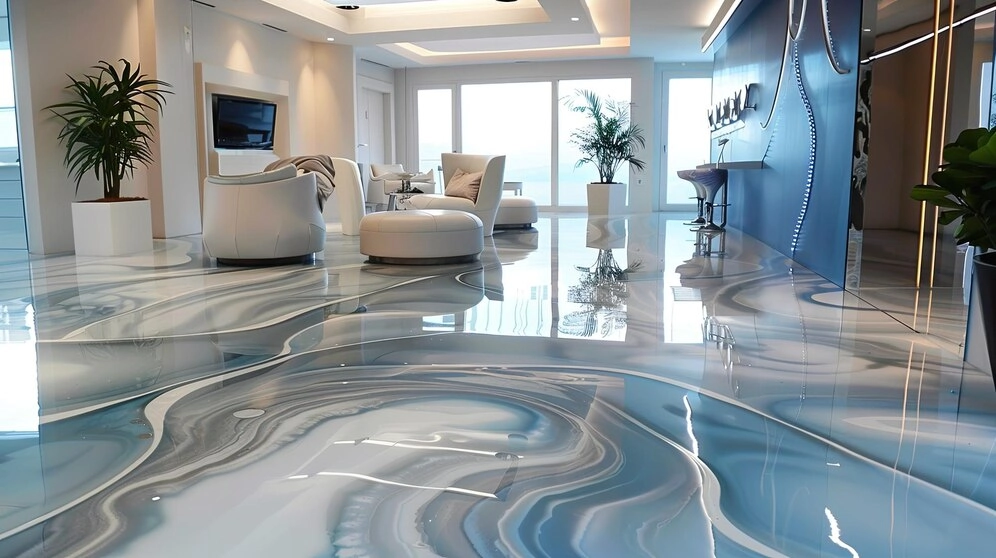 luxurious room with white couch and epoxy applied shiny floor -epoxy flooring