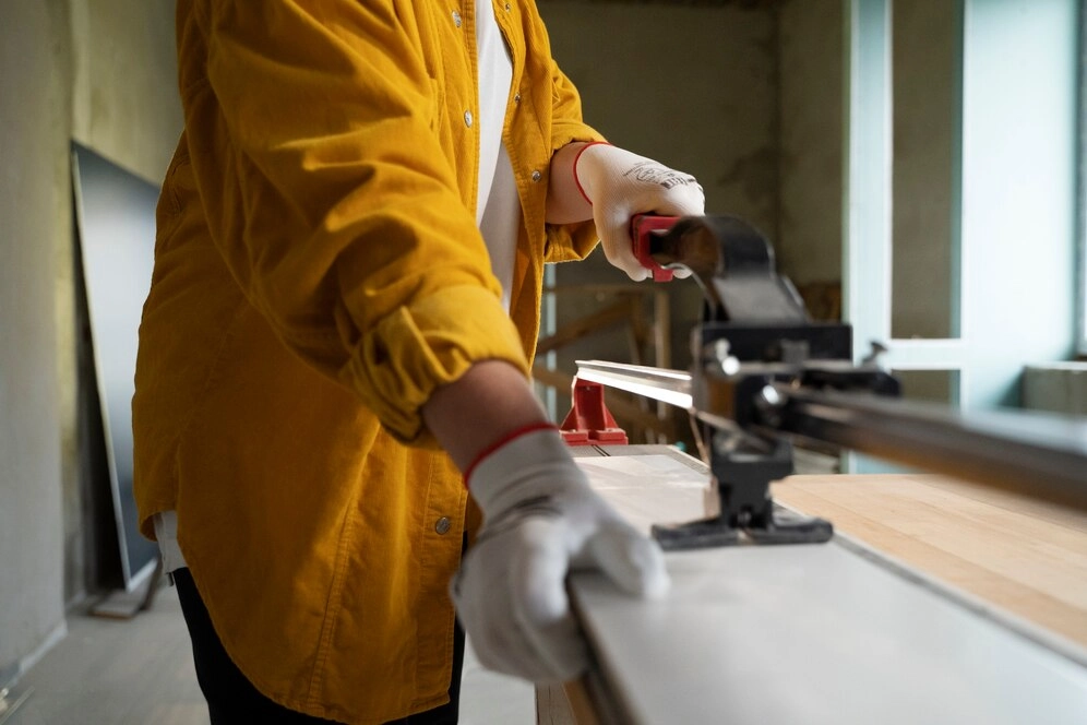 person wearing yellow jacket refinishing wood -cabinet refinishers