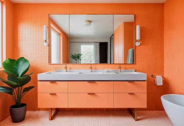 orange bathroom with cabinet and sink -bathroom cabinet