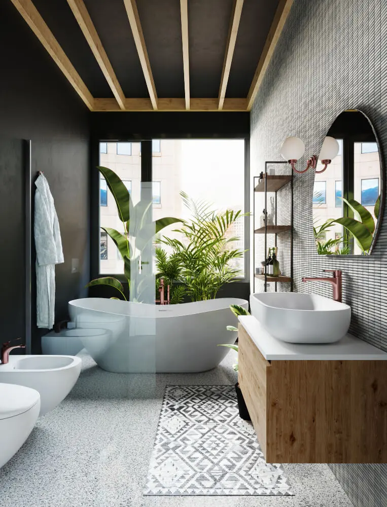 corner-hotel-bathroom-with-grey-tiled-walls-round-mirror-white-bath-large-window-3d-rendering-1