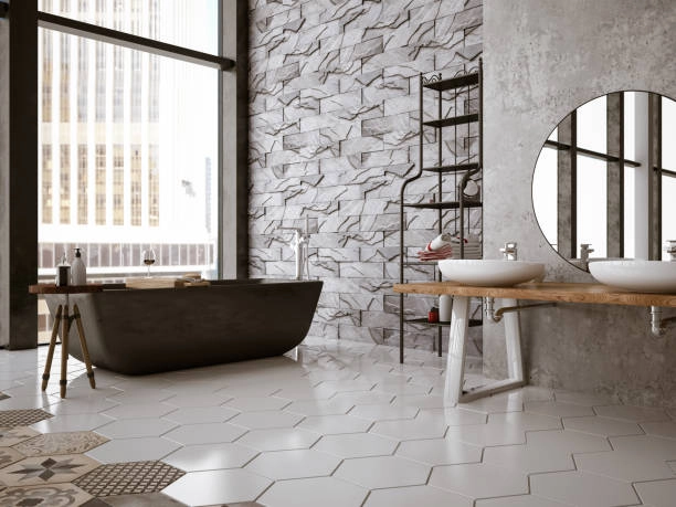 luxurious bathroom with white tiles, round mirror on table and sink, dark grey bath tub -bathroom tile