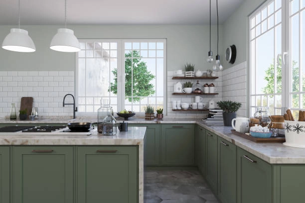 modern kitchen with green cabinets, kitchen supplies, and wide window -backsplash tile