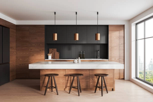 Minimalist kitchen with wooden accents, island, stools, large windows, lighting. -how long does a kitchen remodel take