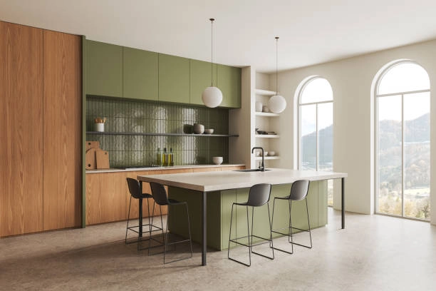 Sleek modern kitchen with green cabinets, minimalist design, large windows. -kitchen remodel contractor