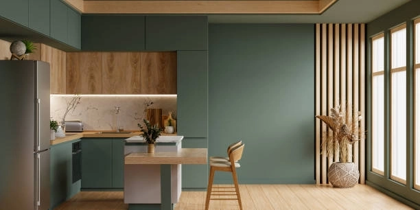 Modern kitchen with green cabinets, wood accents, and minimalist natural decor. -what is finish carpentry